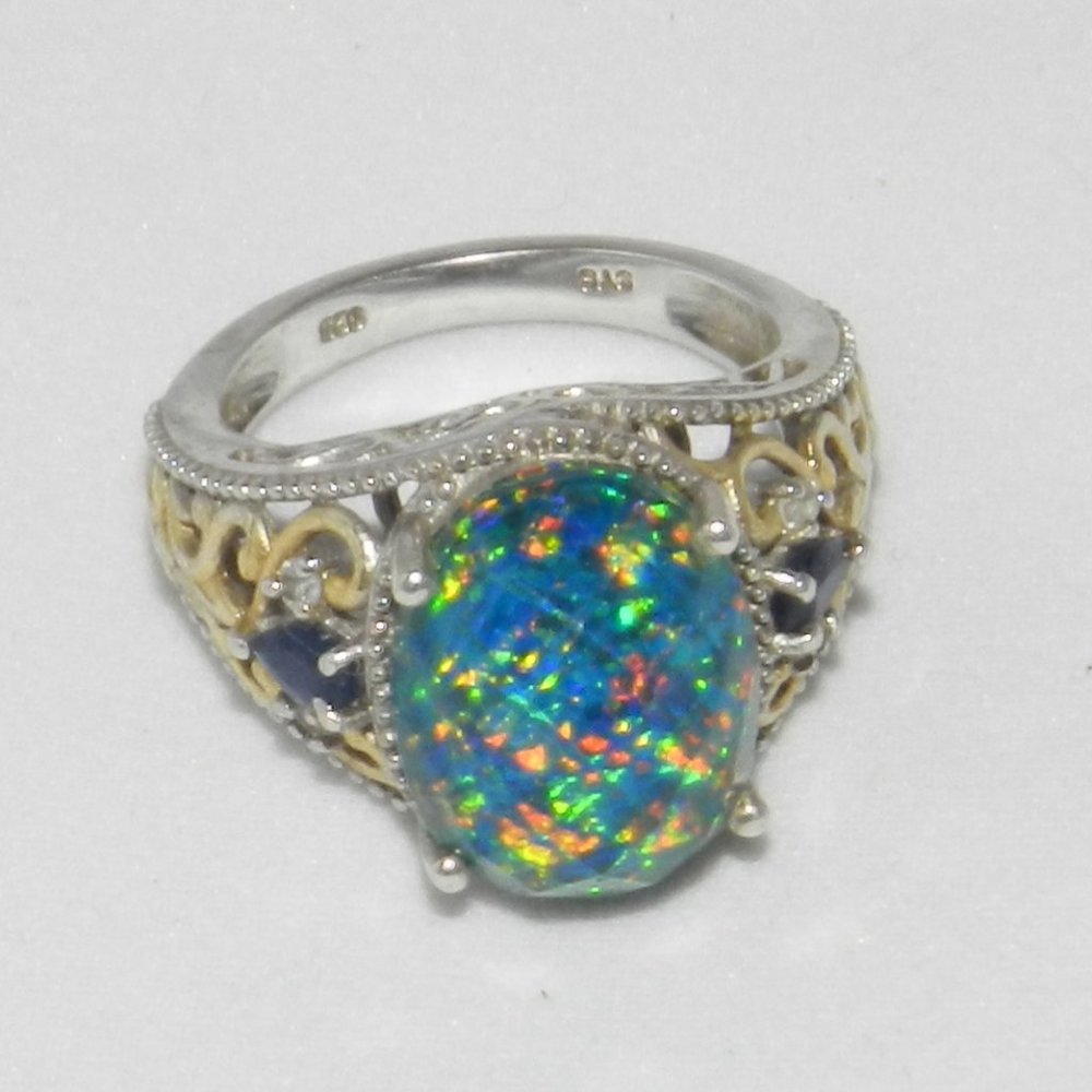 Vintage  Blue Fire Opal 925 Sterling Silver Ring Size 8.5 Women's - Picture 10 of 14